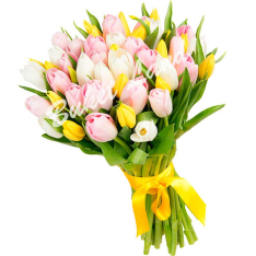 39 тюльпанов микс «бело-желто-розовый» фото